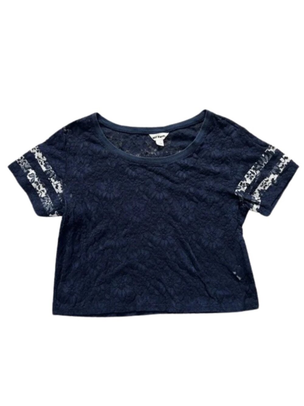 Map to Mars “HAPPY” Navy Lace Crop Top Sheer Floral Short Sleeve Boho - Size S